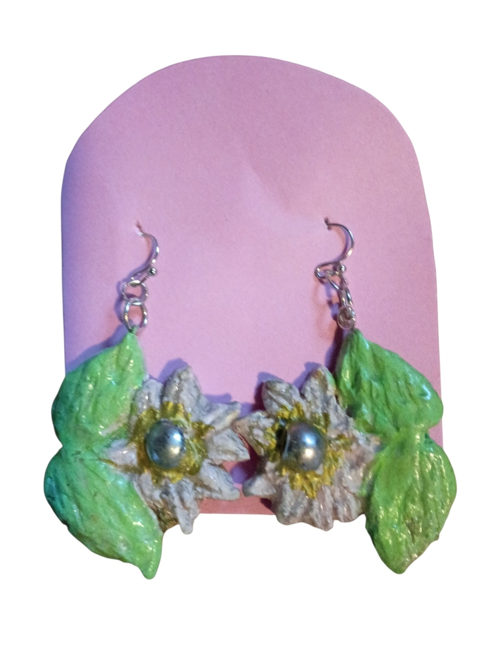 Handmade Green Floral Drop Earrings with Silver Accent
